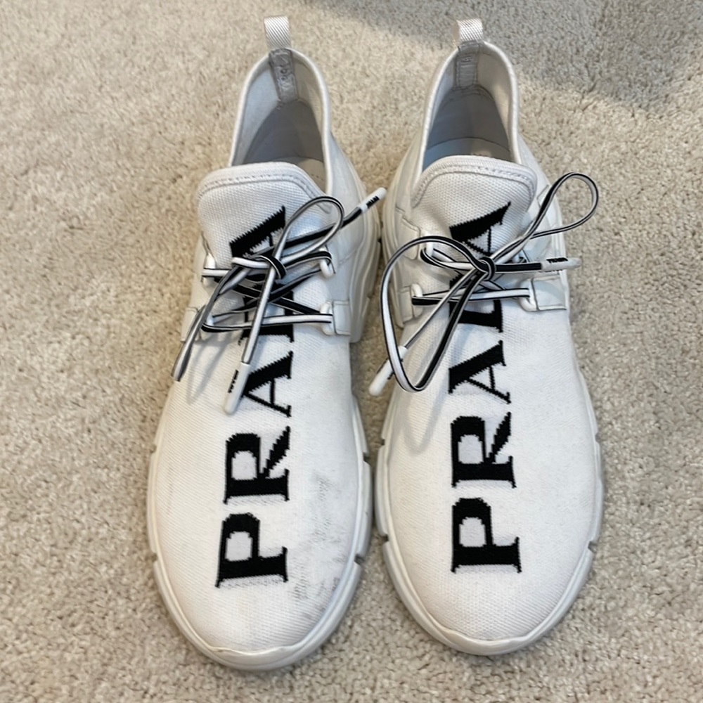 Prada White Canvas Sneakers with Black Logo
